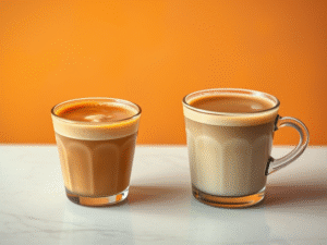 Cortadito and Cortado coffee served in small cups side by side, showcasing their distinct appearances and textures.