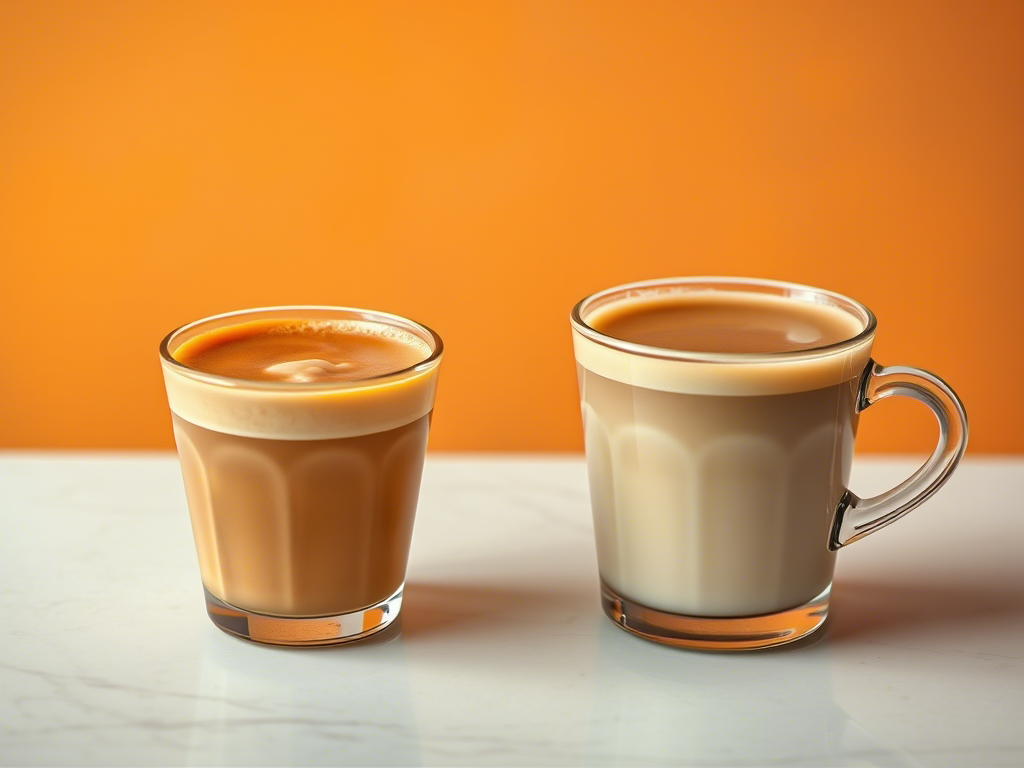 Cortadito and Cortado coffee served in small cups side by side, showcasing their distinct appearances and textures.