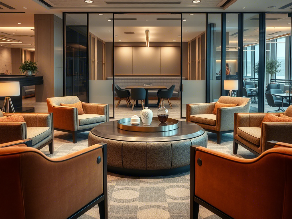 Round ottoman coffee table in a modern office lounge with armchairs and soft decor